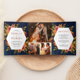 Invitation Trois Volets Fleurs de couleur orange brûlé rustique sur fond b