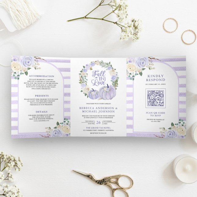 Invitation Trois Volets Fleurs de Lavande Roses Citrouille Code QR Mariage (Créateur téléchargé)
