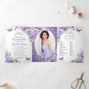 Invitation Trois Volets Fleurs de lilas violet argent Quinceañera 15 Photo