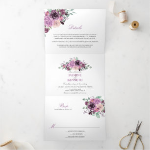 Invitation Trois Volets Fleurs de Mauve de Sangria Violette et Feuillage à