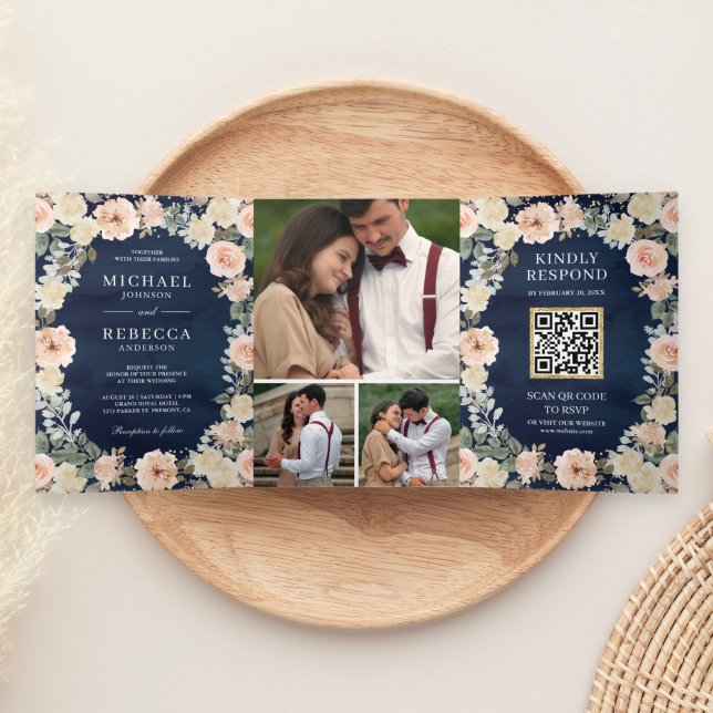 Invitation Trois Volets Fleurs de Pêche Poussiéreuses Bleu Marine Code QR  (Créateur téléchargé)