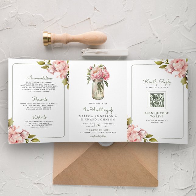 Invitation Trois Volets Fleurs de pivoine rose doux Mason Jar QR Code Mari (Créateur téléchargé)