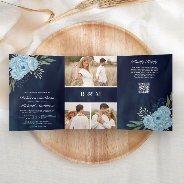 Invitation Trois Volets Fleurs de roses bleu poussiéreux Photo Code QR ble (Créateur téléchargé)