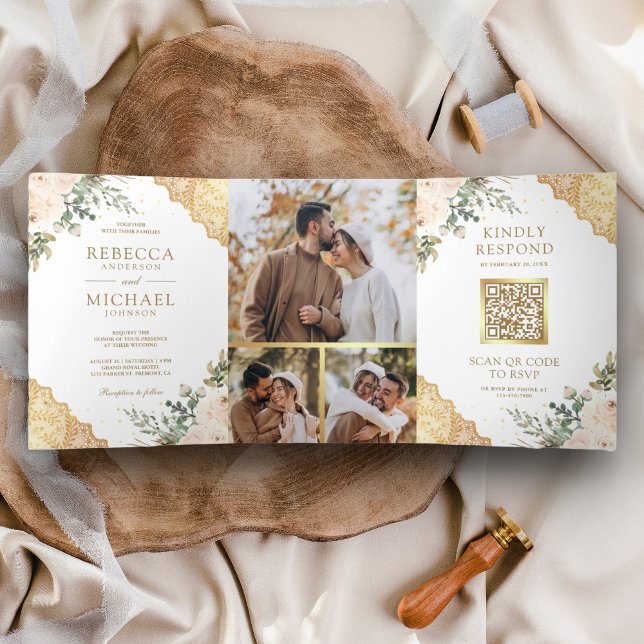 Invitation Trois Volets Fleurs de roses en crème douce dentelle dorée code (Créateur téléchargé)