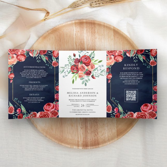 Invitation Trois Volets Fleurs de Roses Rouges Code QR Bleu Marine Mariage (Créateur téléchargé)