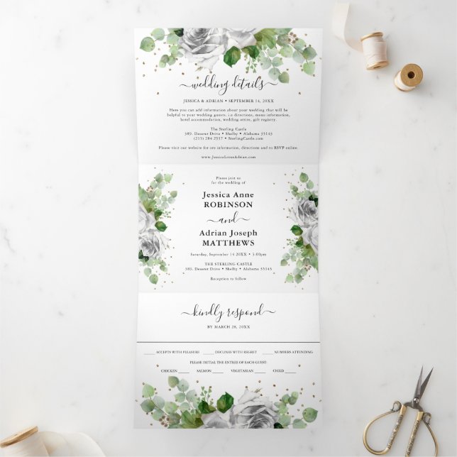 Invitation Trois Volets Fleurs d'eucalyptus et or Mariage classique tri-pl (Intérieur)