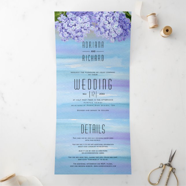 Invitation Trois Volets Fleurs d'hydrangée bleu aquarelle mariage floral (Intérieur)