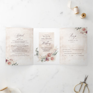 Invitation Trois Volets Fleurs d'ombre Terre Élégant Mariage Boho