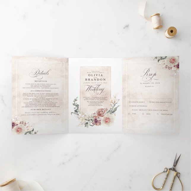 Invitation Trois Volets Fleurs d'ombre Terre Élégant Mariage Boho (Intérieur)