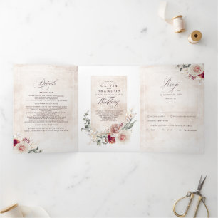 Invitation Trois Volets Fleurs d'ombre Terre Élégant Mariage Boho