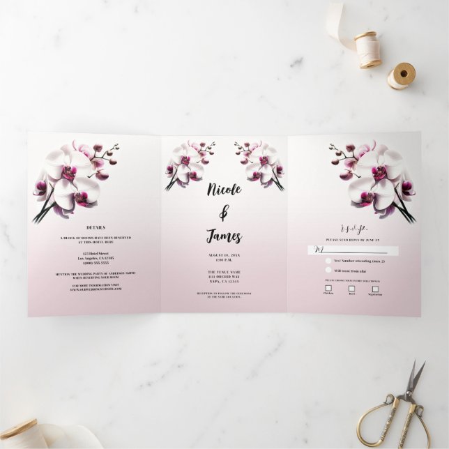 Invitation Trois Volets Fleurs d'orchidées roses et blanches pour mariage (Intérieur)