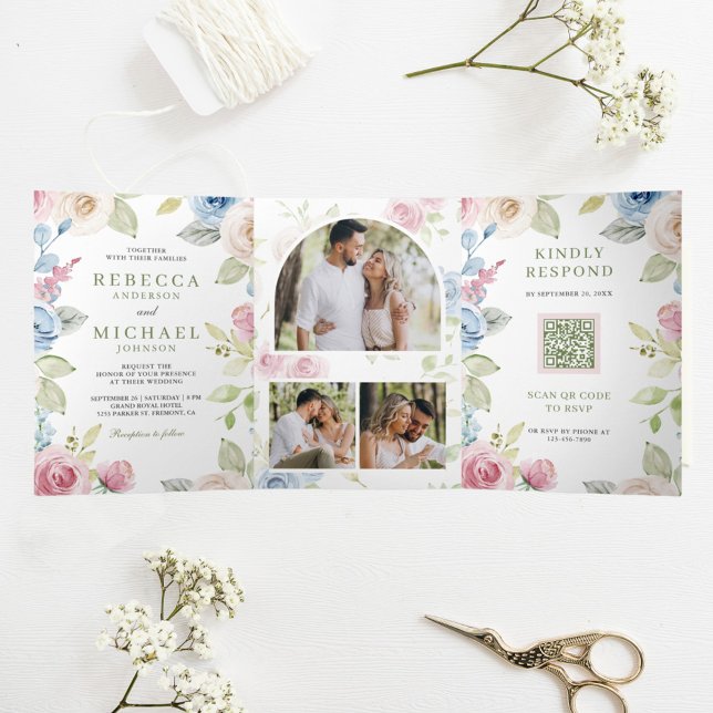 Invitation Trois Volets Fleurs Douces de Printemps Code QR Mariage Tout en (Créateur téléchargé)
