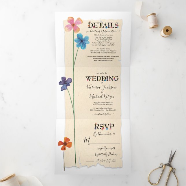 Invitation Trois Volets Fleurs douces simples Mariage (Intérieur)