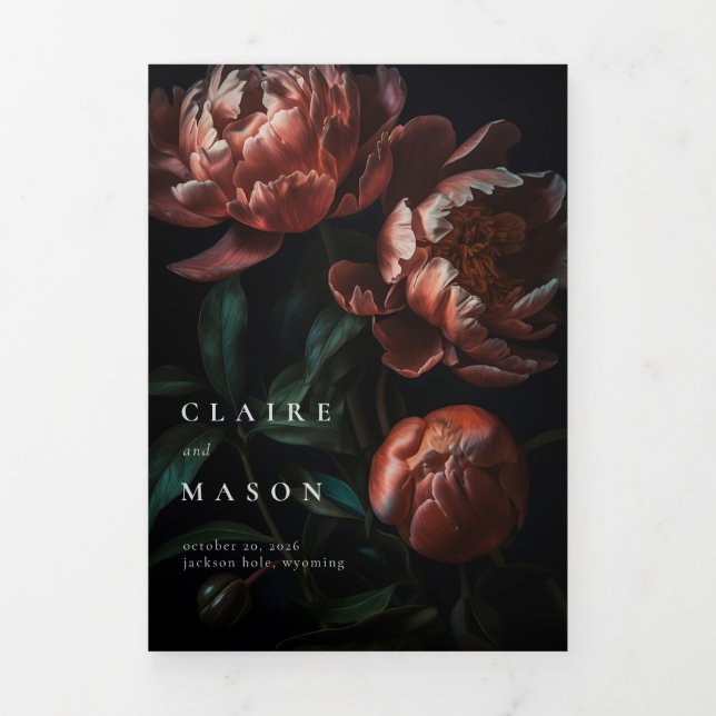 Invitation Trois Volets Fleurs gothiques romantiques Moody Mariage (Page de couverture)