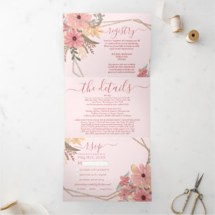Invitation Trois Volets Fleurs peintes rose Parties scintillant Détail du
