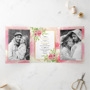 Invitation Trois Volets Fleurs roses et feuille printemps fleurie boho mar