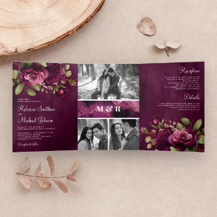 Invitation Trois Volets Fleurs Roses prune sombre Photo Collage Mariage Vi