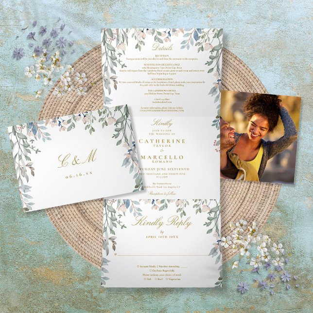 Invitation Trois Volets Fleurs sauvages floraux Monogramme Mariage photo (Floral Wildflowers Monogram Photo Wedding Tri-Fold Invitation)