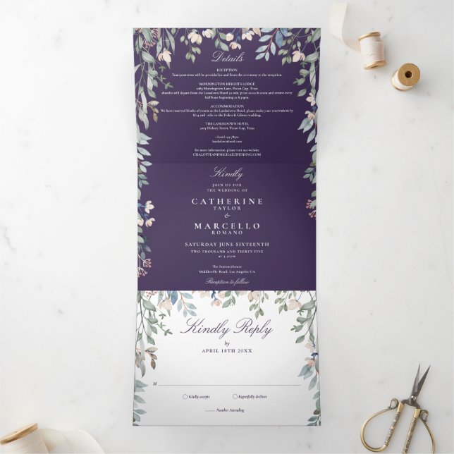 Invitation Trois Volets Fleurs sauvages floraux violet Monogramme Mariage  (Intérieur)
