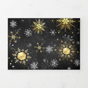 Invitation Trois Volets Flocons de neige dorés de Noël sur fond noir