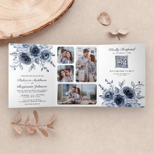 Invitation Trois Volets Floral bleu Dusty tout en un Mariage de code QR