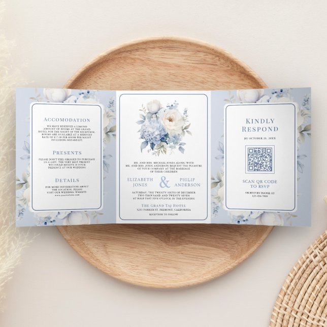 Invitation Trois Volets Floral bleu et blanc Dusty en un seul Mariage (Créateur téléchargé)