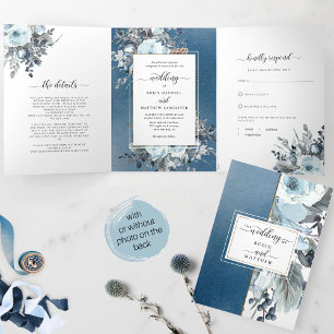 Invitation Trois Volets Floral bleu tout en un Mariage avec RSVP