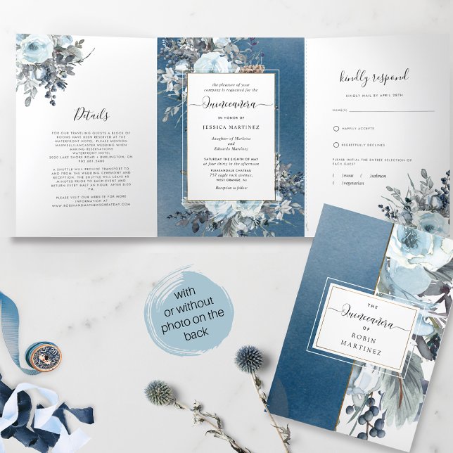 Invitation Trois Volets Floral bleu tout en un Quinceañera avec RSVP (Créateur téléchargé)