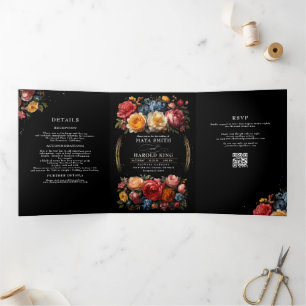 Invitation Trois Volets Floral Botanique Noir Moody Mariage Vintage