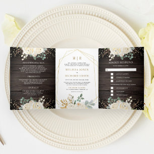 Invitation Trois Volets Floral d'ivoire d'or rustique tout en un Mariage d