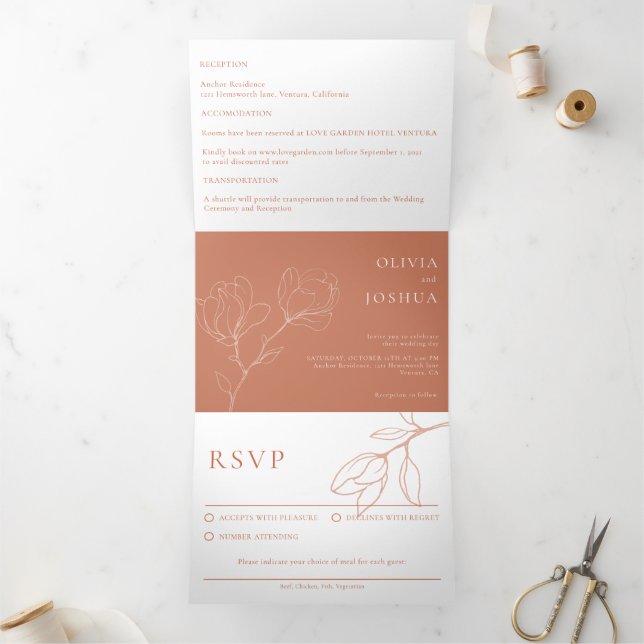 Invitation Trois Volets Floral en terre cuite moderne Boho (Intérieur)