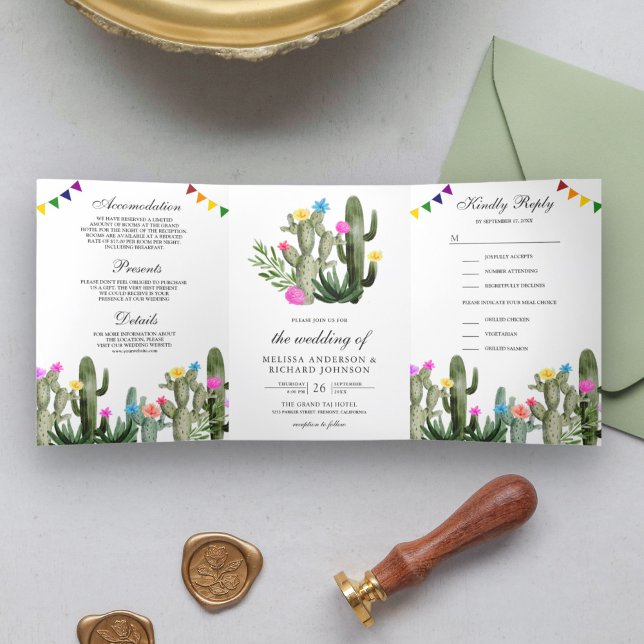 Invitation Trois Volets Floral Fiesta Cactus mexicain tout en un Mariage (Créateur téléchargé)
