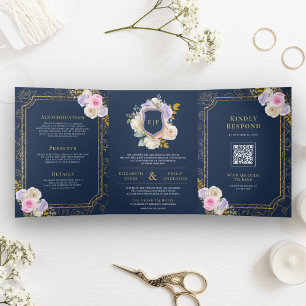 Invitation Trois Volets Floral rose violet tout en une seule crête Mariage