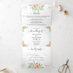 Invitation Trois Volets Flore floue et Mariage or