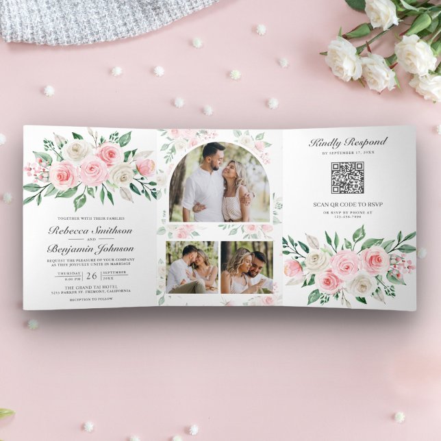 Invitation Trois Volets Flore rose pâle tout en un Mariage de code QR (Créateur téléchargé)