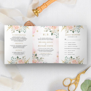 Invitation Trois Volets Flore rose rose rouge rustique tout en un Mariage