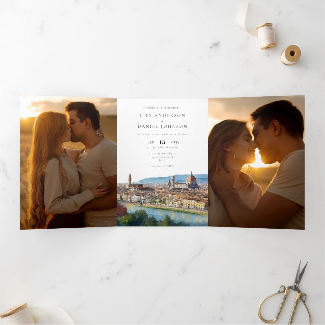 Invitation Trois Volets Florence Italie Code QR 3 Photo Mariage (Intérieur)