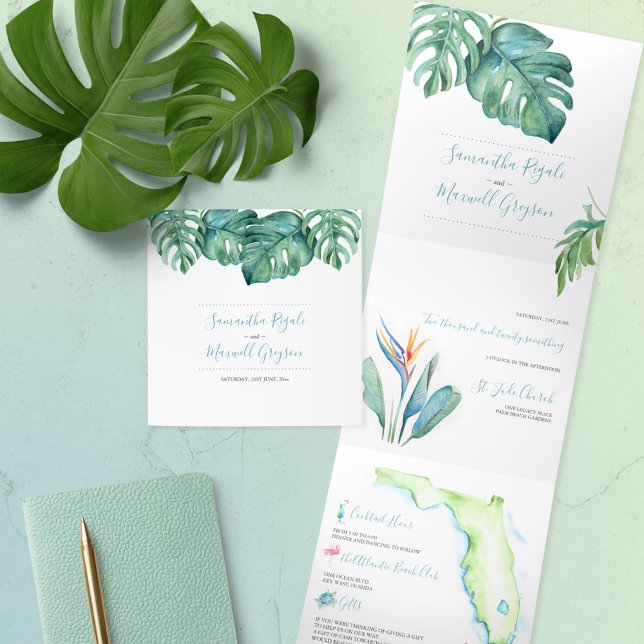 Invitation Trois Volets Floride tropicale tout en un (All in one Florida destination wedding invitations tropical watercolor art by Victoria Grigaliunas)