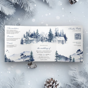 Invitation Trois Volets Foggy Winter Mountain Pine Forest Code QR Mariage