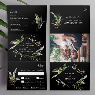 Invitation Trois Volets Foliage Tropical Sauvage Mariage Noir Tout en un
