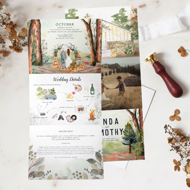 Invitation Trois Volets Forêt d'automne rustique | Mariage Boho (Créateur téléchargé)