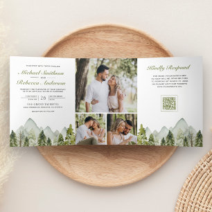 Invitation Trois Volets Forêt de pins de montagne à l'aquarelle Code QR Ma