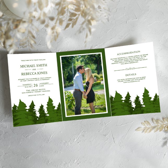 Invitation Trois Volets Forêt de pins Photo mariage verdure luxuriante (Créateur téléchargé)