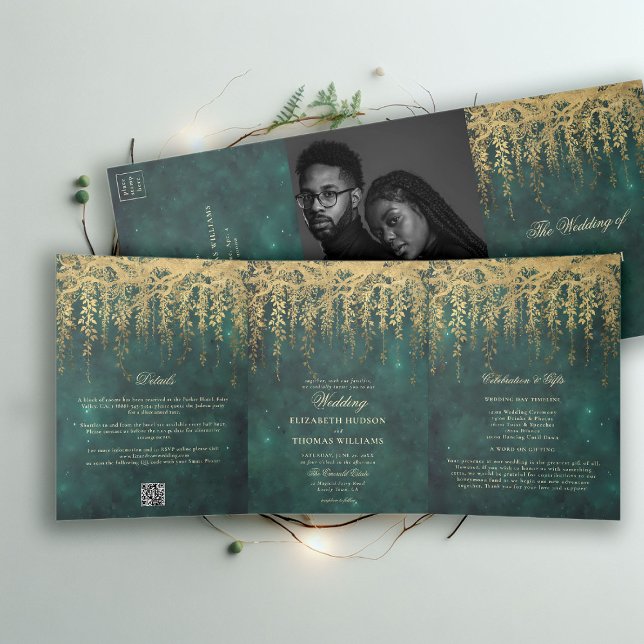 Invitation Trois Volets Forêt enchantée Verdure émeraude Twinkle (enchanted forest wedding invitation all in one trifold gold greenery emerald green fairy lights chic)