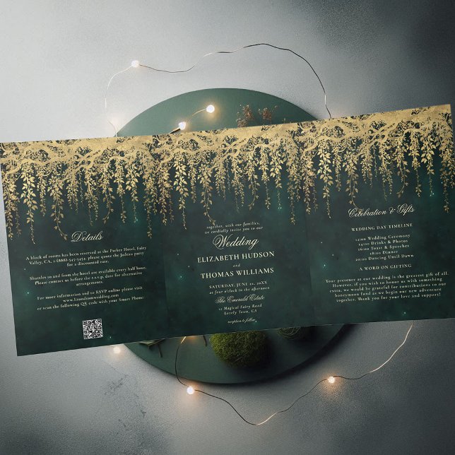 Invitation Trois Volets Forêt enchantée Verdure or All One 2 Mariage (enchanted forest wedding invitation all in one trifold dripping gold greenery dark emerald green)