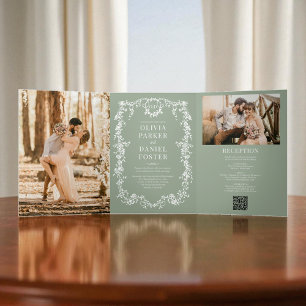 Invitation Trois Volets Français Victorian Sage Green QR Code Mariage phot