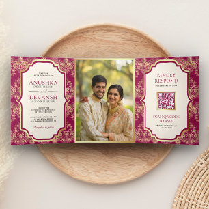 Invitation Trois Volets Fuchsia Gold Lace QR Code Photo Mariage indien