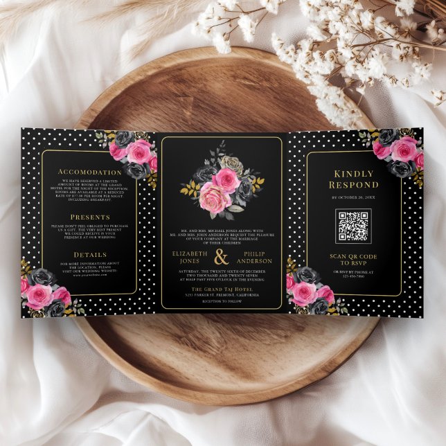 Invitation Trois Volets Fuchsia Roses floraux d'or tous en un Mariage noir (Créateur téléchargé)