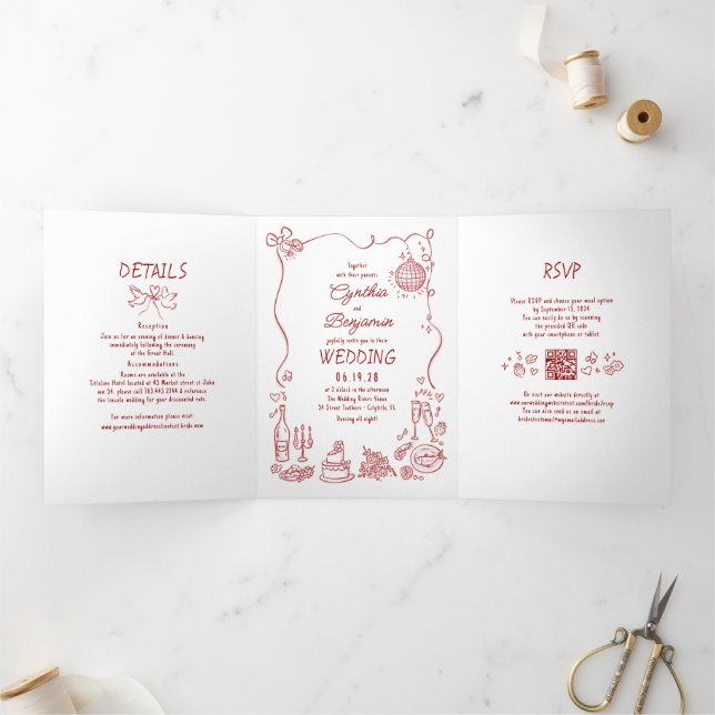 Invitation Trois Volets Funky Whimsical Doodles Modern Red Wedding Photo (Intérieur)