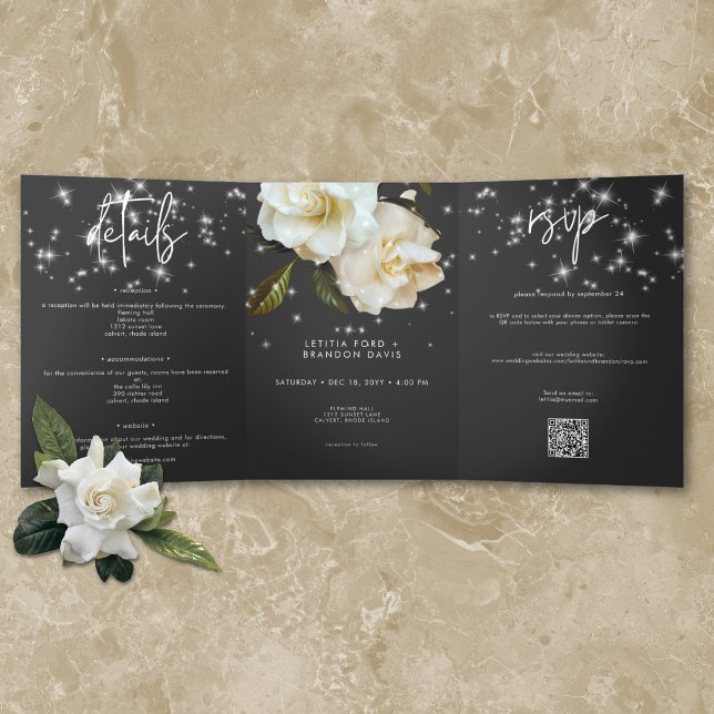 Invitation Trois Volets Gardenias blanches modernes sur Mariage noir (Modern White Gardenias on Black Sparkle Wedding Tri-Fold Invitation)